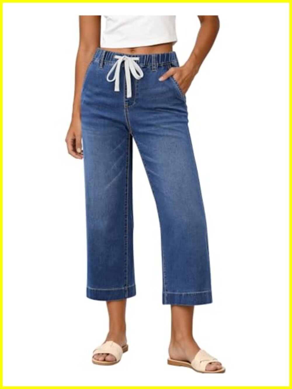 Wide Leg Pull On High Waisted Capri Jeans with Pockets